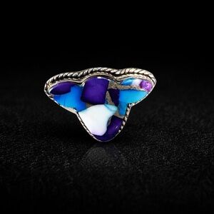Cow Head Mosaic Ring – Silver Plated Adjustable Band – Purple Turquoise Inlay